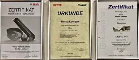 Zertifikate der Weiterbildungen, Bosch, Viking, Husqvarna von Moritz Loeliger Gebrüder Loeliger